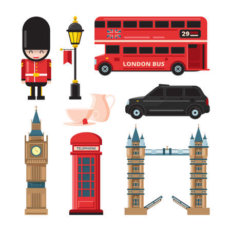 Landmarks and different culture objects of london. Travel landmark england culture and tourism. Vector illustrationのイラスト素材