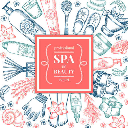 Spa salon background pictures. Different natural organic pictures in doodle style. Beauty spa and cosmetic floral, vintage natural banner illustrationのイラスト素材