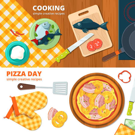 Horizontal banners with different illustrations of kitchen tools. Cooking pizza banner, delicious food on kitchen tablecloth vector