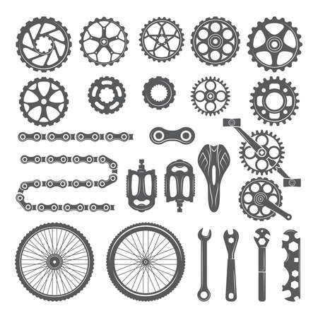 Gears, chains, wheels and other different parts of bicycle. Bike pedal and elements for cycle biking, vector illustrationのイラスト素材