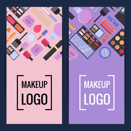 Vector makeup brand banners or flyers with flat style makeup and skincare backgrounds illustrationのイラスト素材