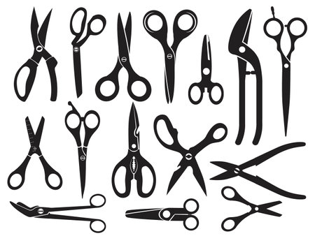 Monochrome pictures with different type of scissors for hairdressing, vector professional tool collection illustrationのイラスト素材
