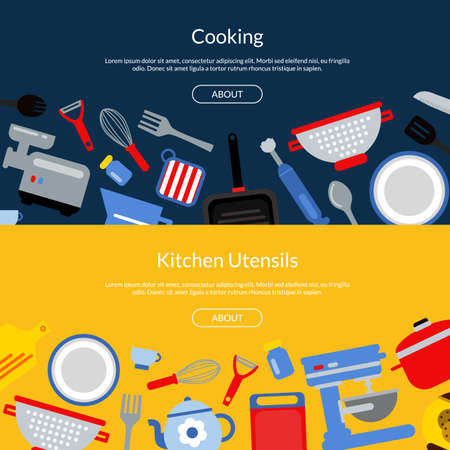 Vector flat style kitchen utensils horizontal web banners or landing page illustrationのイラスト素材