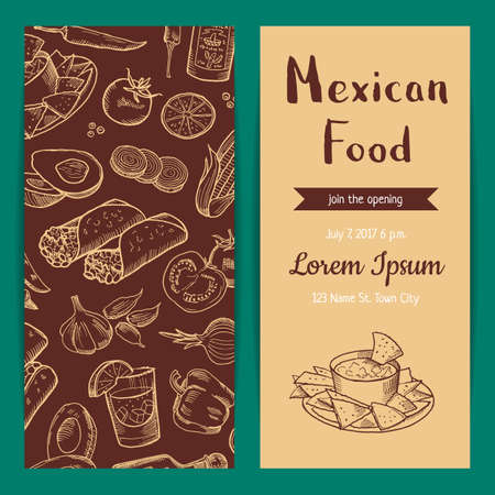 Vector banner poster and flyer or invitation template for restaurant cafe with sketched mexican food elements illustrationのイラスト素材