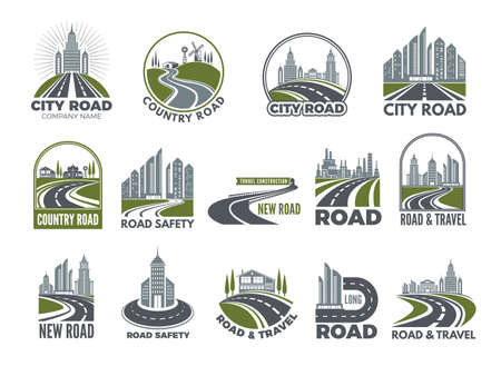 Monochrome big set of logotypes template with asphalt roads, expressway or highway. Vector road and travel, expressway and speedway illustrationのイラスト素材