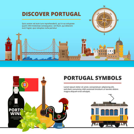 Banners set with illustrations of portuguese cultural objects. Vector portuguese discover banner, port building and castleのイラスト素材
