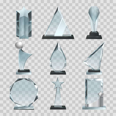 Crystal glass trophy or awards on transparent background. Glass crystal award, blank trophy transparent. Vector illustrationのイラスト素材