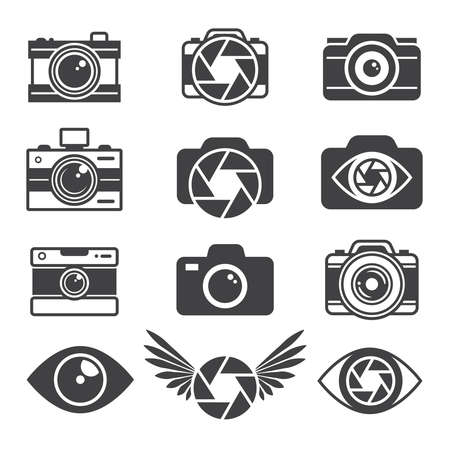 Monochrome pictures of symbols for photographers and photo studios. Camera photo, photography lens equipment, vector illustrationのイラスト素材