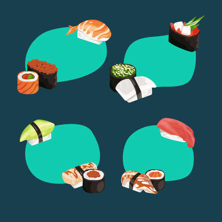 Vector cartoon sushi and rolls types stickers set with place for text illustrationのイラスト素材