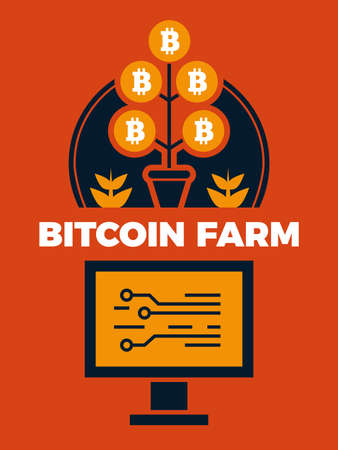 Financial concept illustration of bitcoin farm. Finance bitcoin and financial electronic currency vectorのイラスト素材