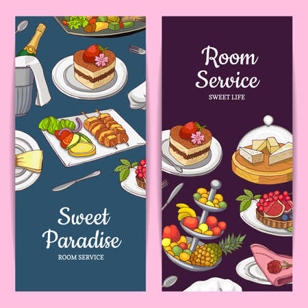 Vector card or flyer templates with hand drawn restaurant or room service elements and place for text. Restaurant brochure with food, hotel service room banner illustrationのイラスト素材