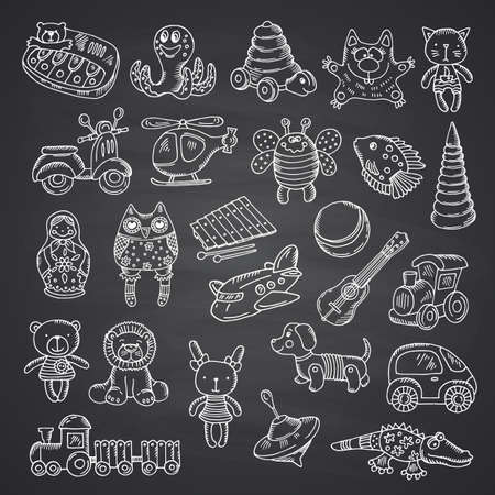 Vector kid toys set hand drawn and isolated on black chalkboard background illustrationのイラスト素材