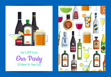Vector vertical invitation template for adult party with alcoholic drinks in glasses and bottles in flat style and place for text illustrationのイラスト素材