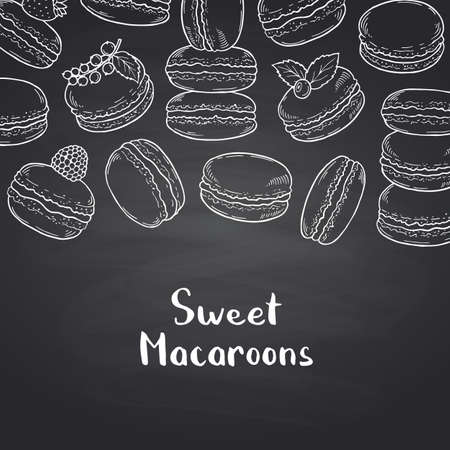 Vector banner background on black chalkboard with hand drawn macaroons illustrationのイラスト素材