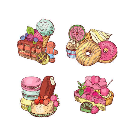 Vector hand drawn sweets piles set. Food sweet dessert sketch, snack delicious donut and chocolate...