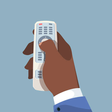 Tv controller in hand. Remote controller for home appliances technic controllers garish vector concept pictureのイラスト素材