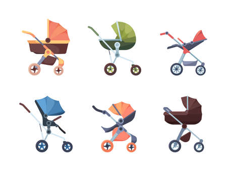 Baby carriage. Cute transport for new born children garish vector colored collection