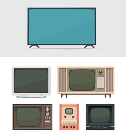 Tv set. Retro and modern digital tv for news movies and broadcasts old filming gadgets garish vector illustrations collectionのイラスト素材