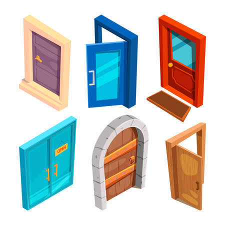 Various isometric pictures of cartoon doorsのイラスト素材