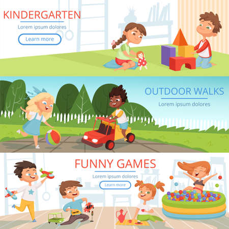 Banners set with pictures of preschool kids with various educational toysのイラスト素材