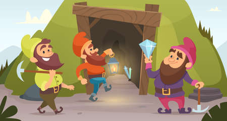 Dwarves in the mine. Vector characters of dwarves which mine golden rocksのイラスト素材