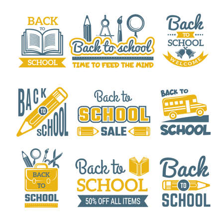 Back to school labels set. Vector monochrome badges isolateのイラスト素材