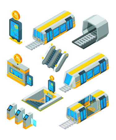 Subway metro elements. Entrance electric gates and signs train tunnel with escalator modern subway station isometric vector 3d picturesのイラスト素材