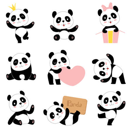 Cute baby pandas. Toy animals chinese symbols panda bear adorable funny baby mascot vector characters collection in cartoon styleのイラスト素材