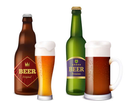 Beer glasses bottles. Cup and vessels for alcoholic drinks craft light brown fresh cold beer with foam splash. Realistic pictures beerのイラスト素材