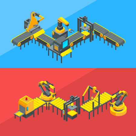 Vector isometric conveyor elements concept illustrationのイラスト素材