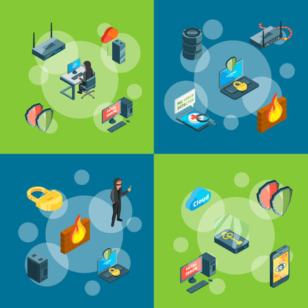 Vector isometric data and computer safety icons infographic concept illustrationのイラスト素材
