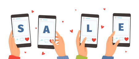 Hands holding smartphones. Sale banner, people using mobile for online discount shopping vector conceptのイラスト素材