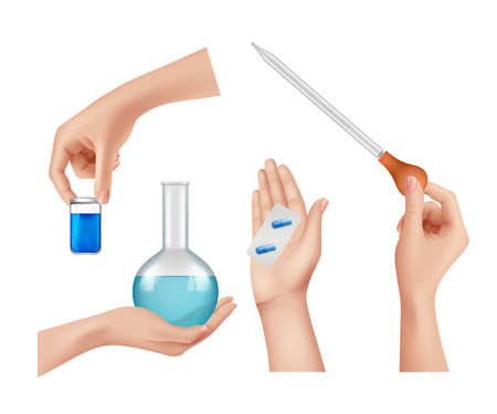 Medications. Pharmaceutical elements, vaccine and pills. Isolated hand holding chemical and medicine tools vector setのイラスト素材