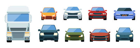 Cars front view. Difference transport pictures pickup cabriolet speed vehicles truck minivan garish illustrations vector setのイラスト素材