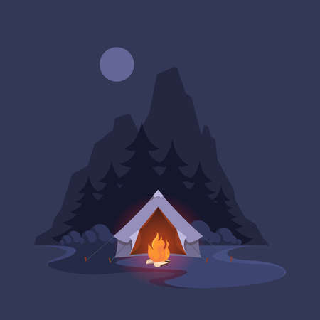 Night camp tent. Dark landscape with mountain trees and shelter adventure for happy travellers garish vector illustrations backgroundのイラスト素材