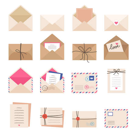 Envelope collections. Mail letters greeting cards romantic envelopes stamped signs labels recent vector illustrations collectionのイラスト素材