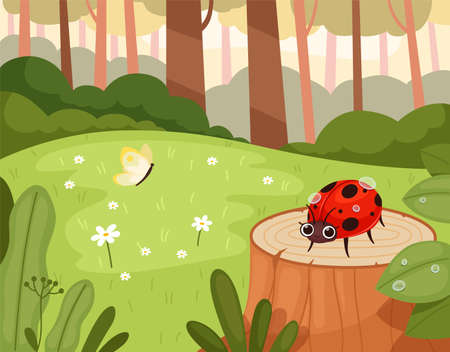 Ladybug in wood. Green natural park with funny insects warm garden outdoor cartoon background nowaday vector funny ladybug characterの素材 [FY310168063336]