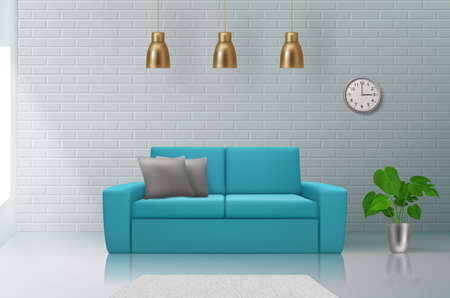 Realistic interior. Sofa in living room modern decoration with architectural objects in room decent vector background setのイラスト素材