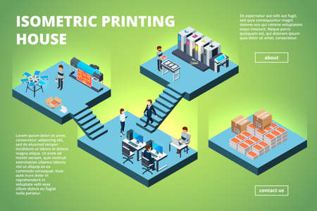 Printing house building. Industrial print production office interior inkjet offset publishing machines copier printer vector isometric. Illustration of processing multifunction printout printerのイラスト素材