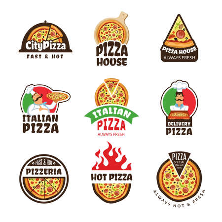 Pizzeria logo. Italian pizza ingredients restaurant cook trattoria lunch colored vector labels or badges. Italian food logo for restaurant pizzeria illustrationのイラスト素材