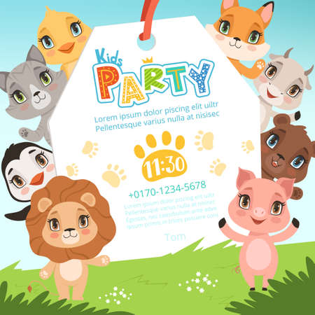 Animals kids invitations. Cute funny jungle animals in cartoon style placard at baby birthday celebration party vector pictures. Illustration of birthday invitation baby with funny animalsのイラスト素材