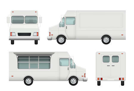 Food truck realistic. White automobile of street food delivery catering 3d vector pictures. Delivery truck food, vehicle car restaurant illustrationのイラスト素材