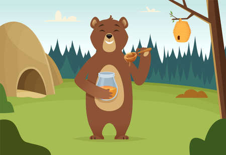Brown bear with honey vector cartoon background. Sweet honey, bear animal teddy illustrationのイラスト素材