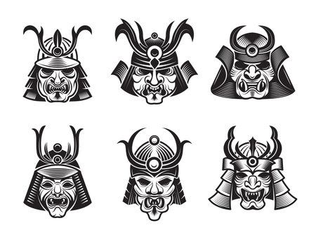 Martial masks. Warrior japanese samurai shogun asian armour vector black illustrations isolated. Set of martial armor helmet and armour asianのイラスト素材