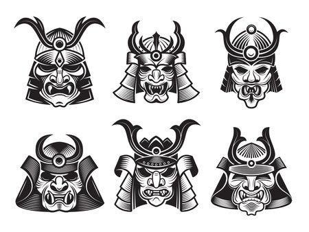 Asian martial mask. Japanese samurai face armour warrior vector illustrations for tatoo designs. Martial warrior mask, ninja fighter monochrome illustrationのイラスト素材