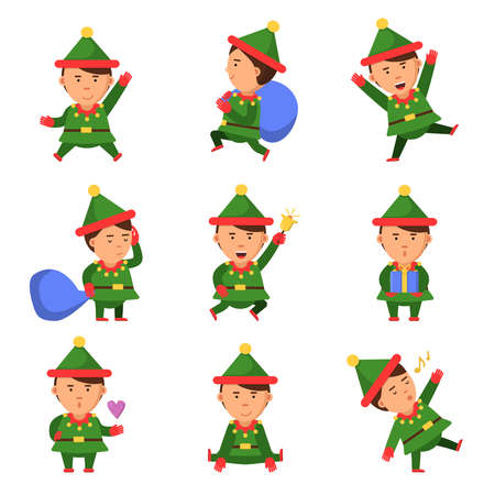 Elf characters. Xmas mascot collection dwarf santa helper fun christmas cartoon vector person in action pose. Character elf xmas in green suit, mascot christmas illustrationのイラスト素材