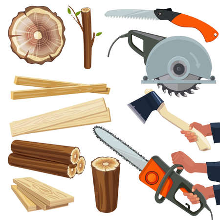 Wood materials. Wooden production and cut woodworking equipment cutting tools forestry pile vector isolated pictures. Instrument in hand hold, holding sawmill equipment illustrationのイラスト素材
