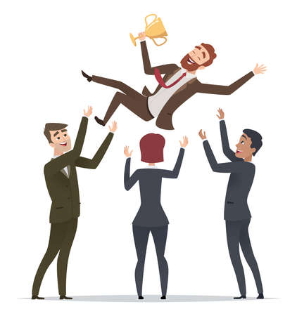 Business victory. Happy team congrats his mentor leader director team building happy winner with trophy cup vector characters. Illustration of congratulation businessmanのイラスト素材