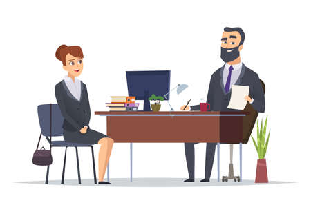 Job interview. Business office meeting hr managers directors chief vector concept characters. Illustration of job interview meeting office, hr managerのイラスト素材
