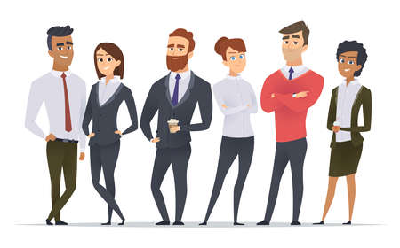 Business team. Professional workers happy partners group team building office male and female managers standing vector characters. Illustration of worker group, business manager teamのイラスト素材
